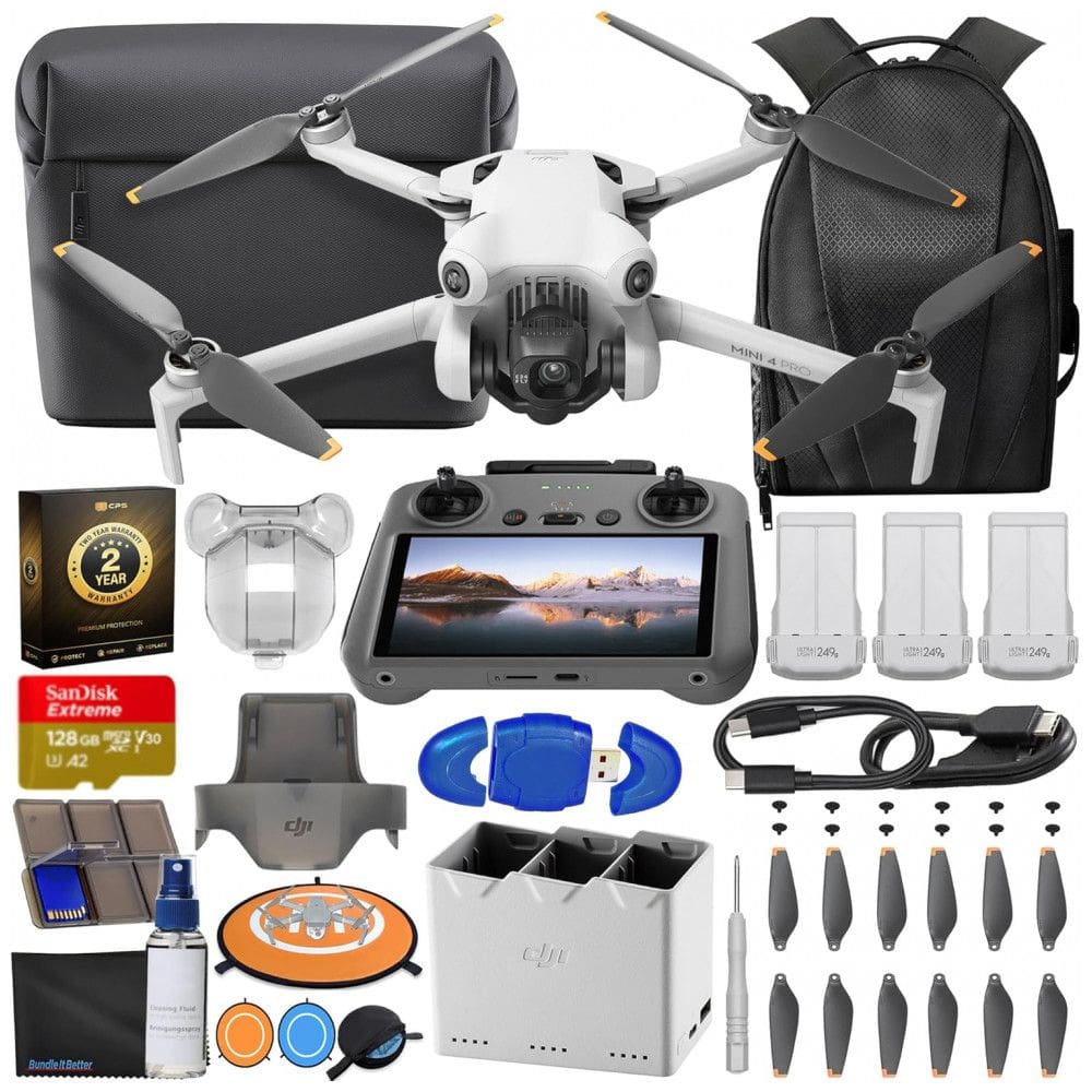 Combo de Drone DJI Mini 4 Pro Fly More com Controle Remoto 2 RC com Tela, Drone Dobrável com Vídeo 4K, Menos de 249g, 34 Minutos de Voo