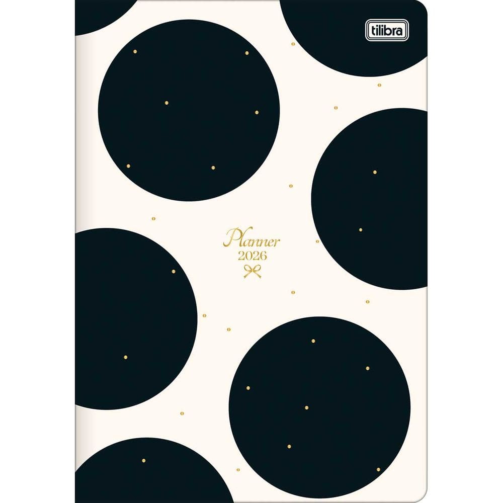 Tilibra - Planner Grampeado 17,8 x 25,4 cm West Village 90 G 2026 - Fundo Branco e Bolas Pretas