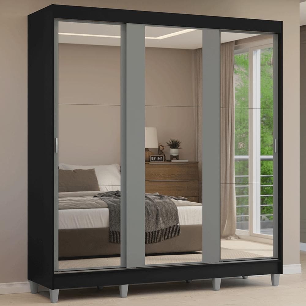 Guarda-Roupa Casal com Pés 3 Portas de Correr de Espelho Preto/Cinza Reno Madesa