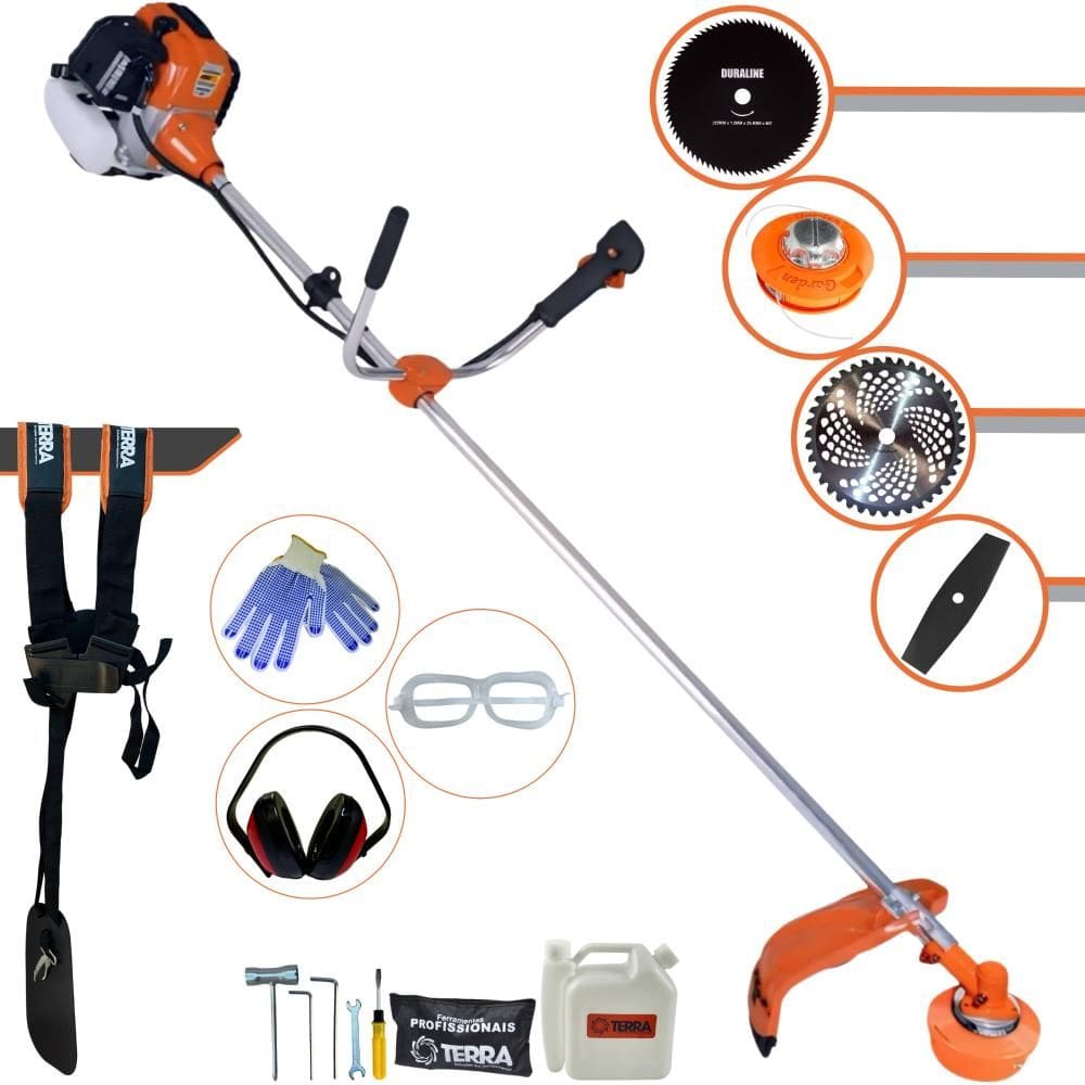 Roçadeira À Gasolina Terra GR520XP Motor 2T 52cc 6.500rpm Completa Com Carretel de Nylon + Lâmina Facão + Lâmina 40 Dentes + Lâmina 80 Dentes + EPI