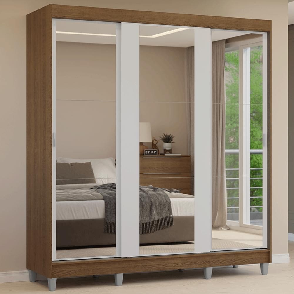 Guarda-Roupa Casal com Pés 3 Portas de Correr de Espelho Rustic/Branco Reno Madesa
