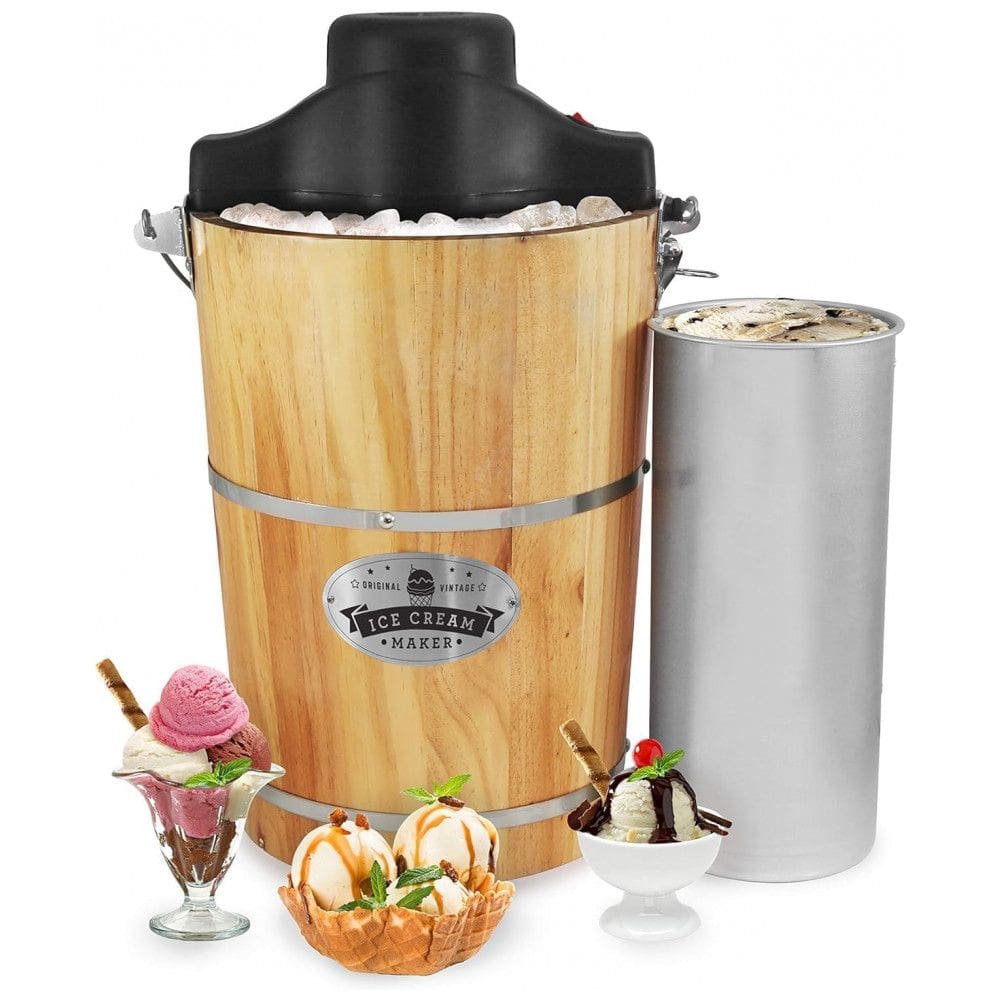 Máquina de Sorvete Elétrica Elite Gourmet EIM916X Old Fashioned 5,67 Litros com Balde Vintage de Madeira Appalachian, Inclui Manivela