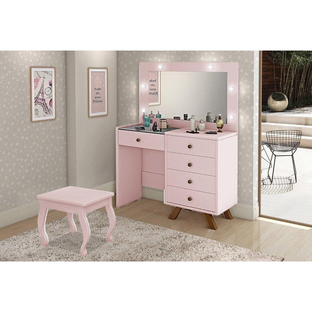 Penteadeira Camarim com Espelho, LED e Banqueta Luna Rosê - Luapa
