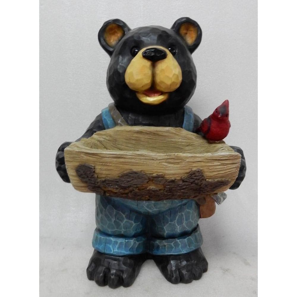 Estatueta RUNADI 75619-E Urso segura banho de pássaro com cardeal