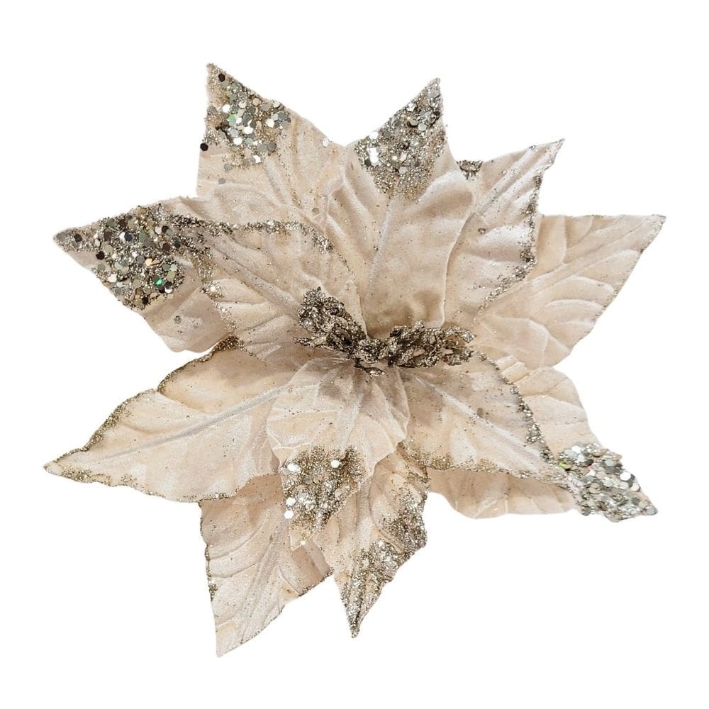 Flor Bico de Papagaio Natal Pick Veludo Champanhe Glitter e Lantejoulas Luxo 28cm