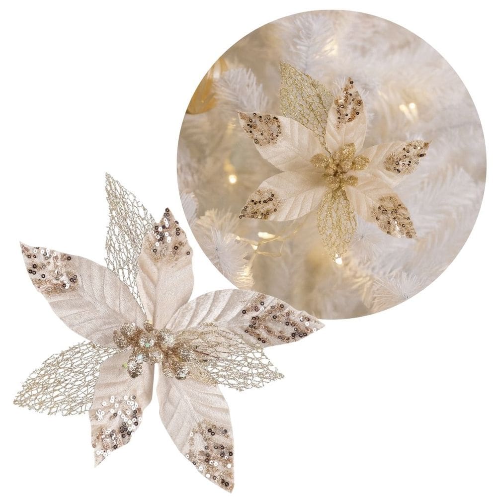 Flor Bico de Papagaio Luxo Champanhe Mescla Veludo Glitter 23cm
