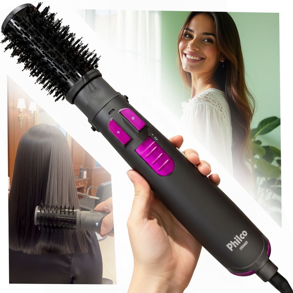 Escova Rotativa Secadora Philco 1300W Bivolt PER02 Íon Tourmaline Duplo Sentido Rotação Preto Pink