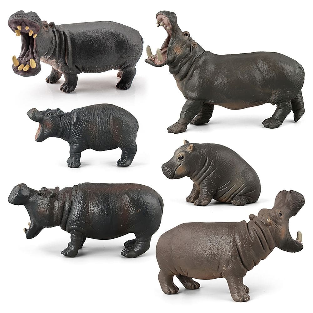 Conjunto de estatuetas de hipopótamo, 6 peças de PVC realista, africano selvagem