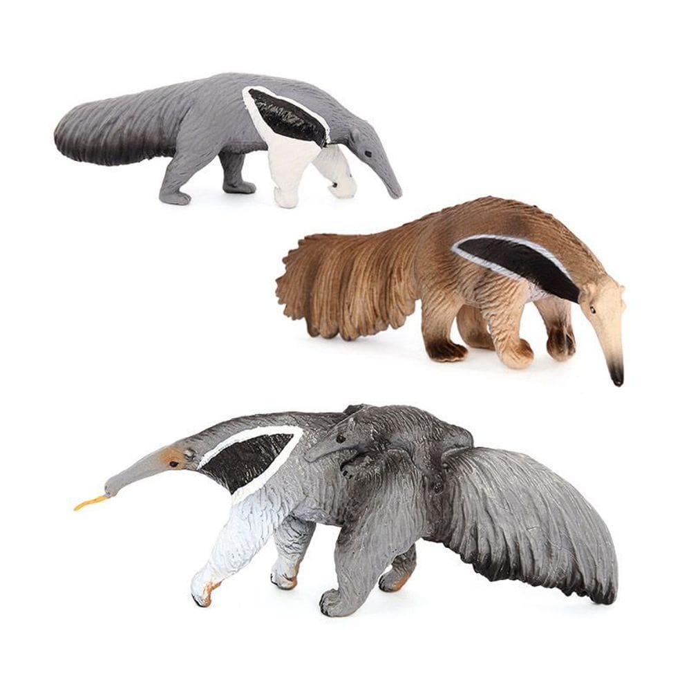 Conjunto de estatuetas: tamanduá, 3 peças, animal selvagem realista em PVC
