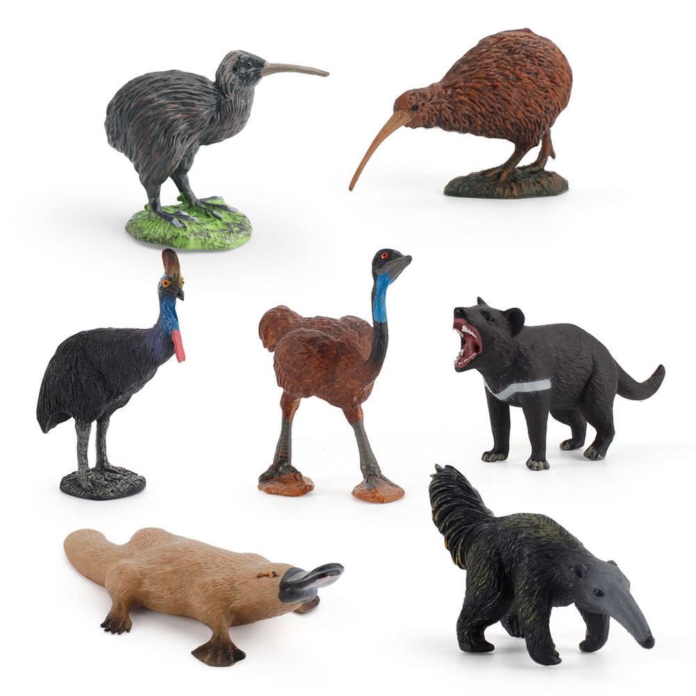 Conjunto de estatuetas de animais selvagens, 7 unidades — tamanduá, casuar e ornitorrinco