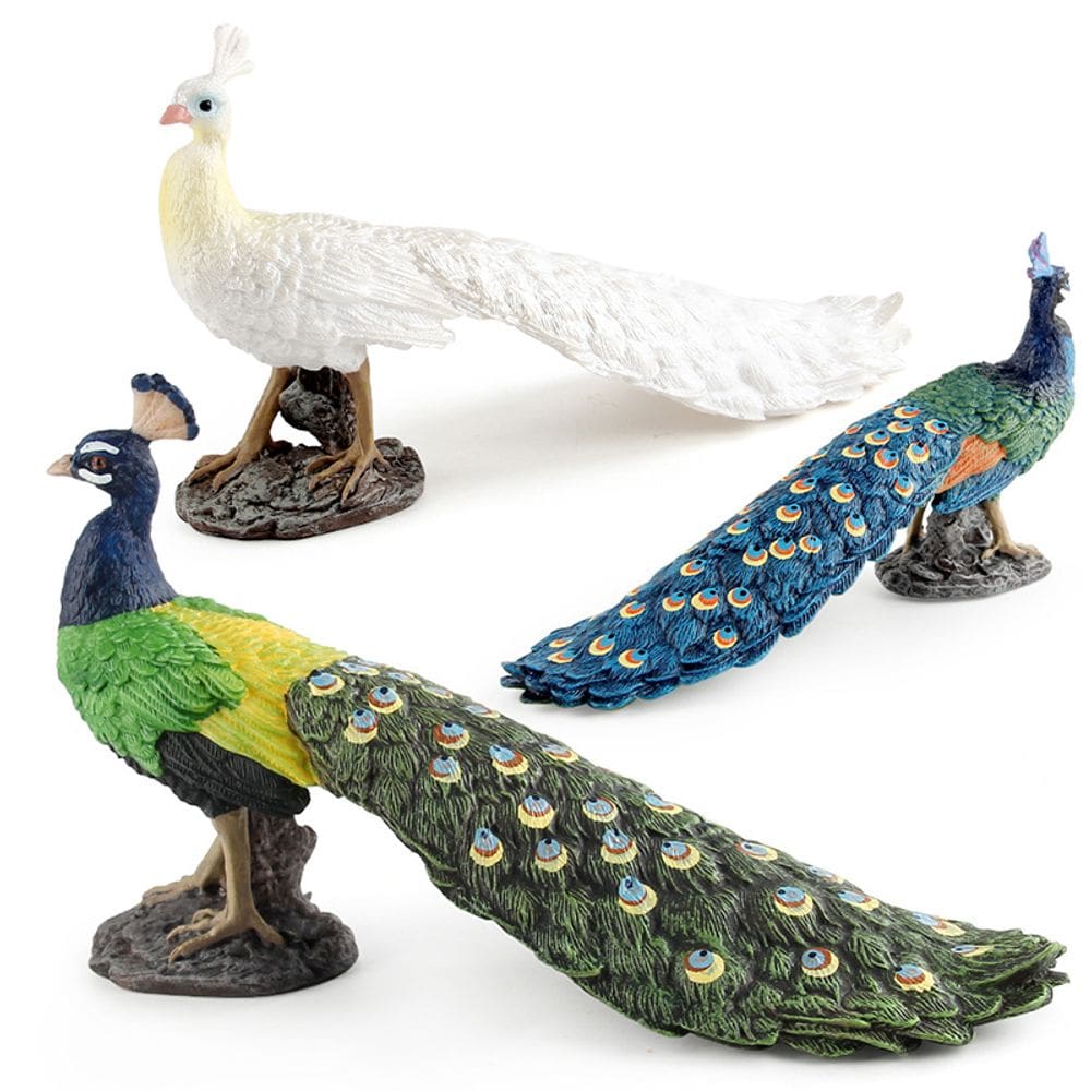 Conjunto de estatuetas de pavão realistas de PVC pintado à mão, 3 peças
