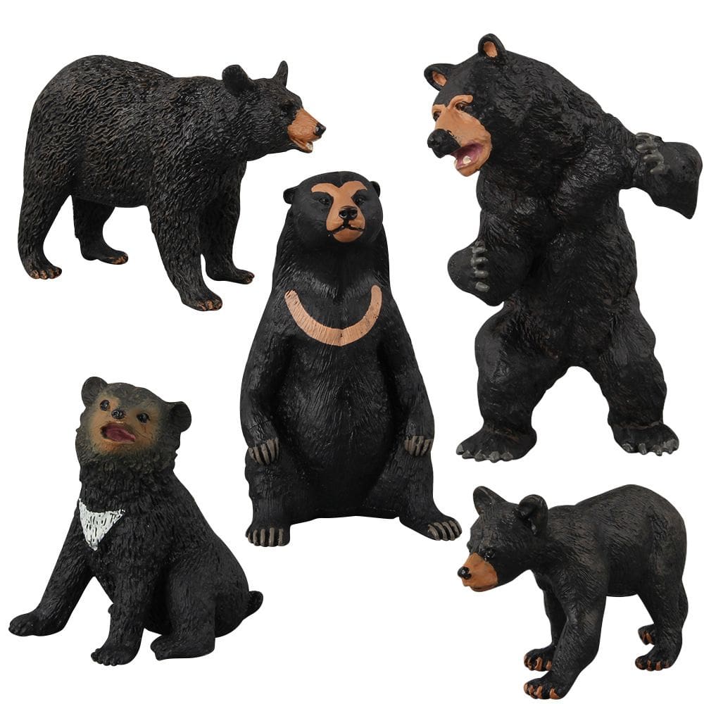 Conjunto de estatuetas Black Bear Family, 5 peças em miniatura realista