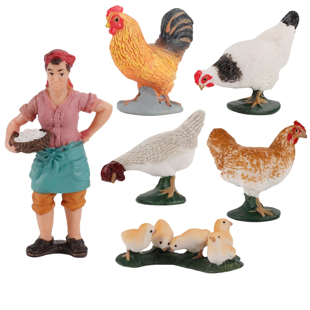 Conjunto de bonecos de galinha de fazenda, 6 peças com galinha, galo e pintinhos e crianças