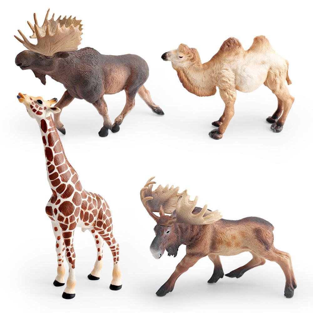 Conjunto de estatuetas de animais selvagens, 4 peças de PVC com girafa, alce e camelo