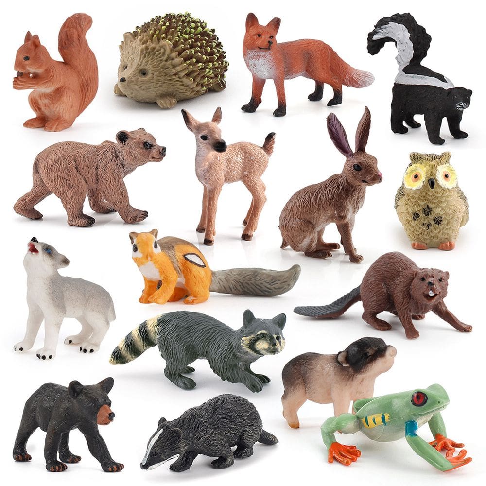 Mini conjunto de estatuetas de animais florestais, 16 peças de PVC com esquilo e ouriço