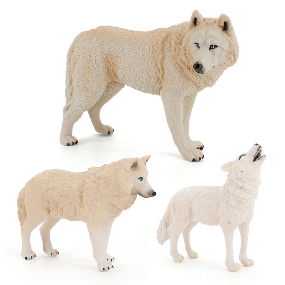 Conjunto de estatuetas Realistic Wolf de 3 peças em PVC branco e cinza