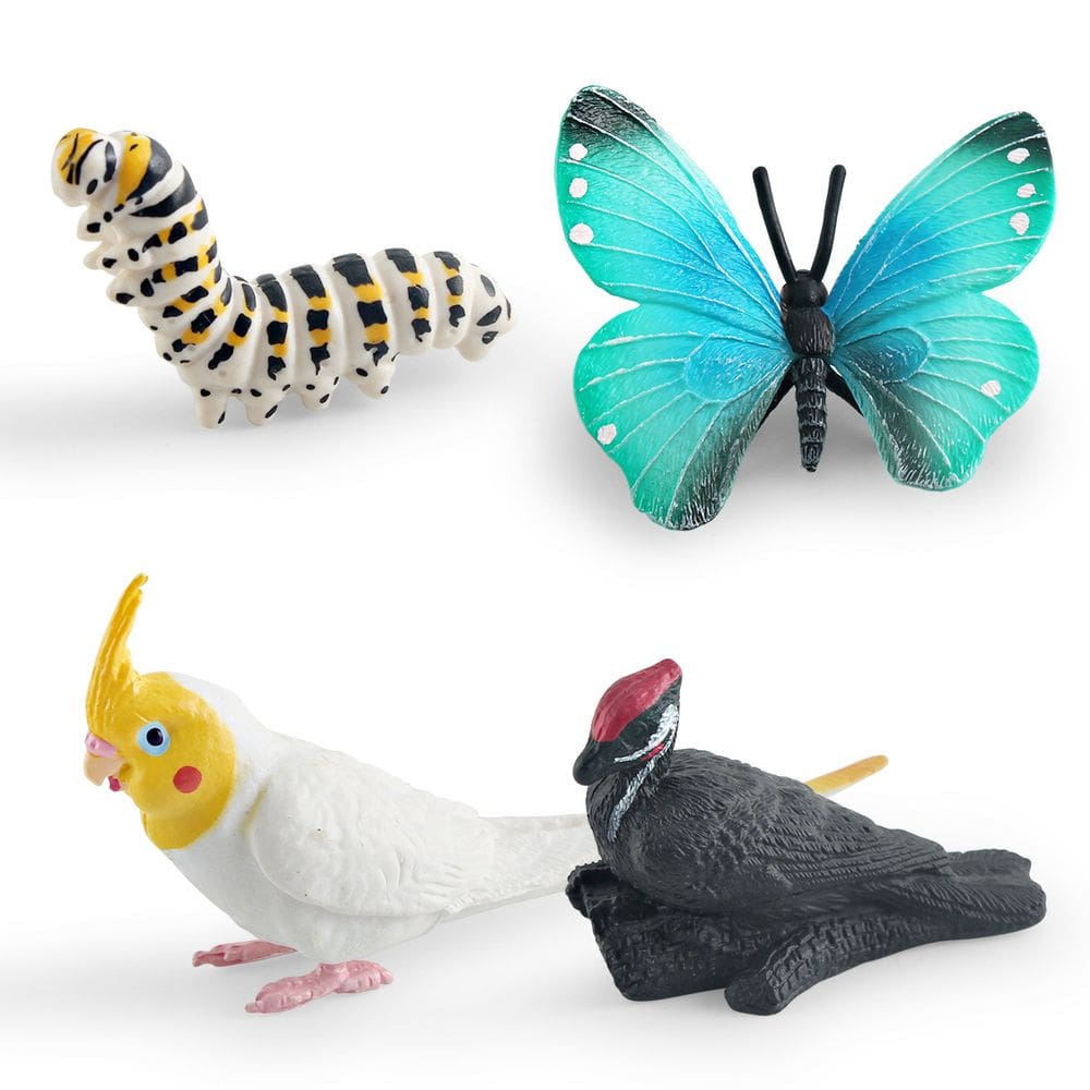 Conjunto de estatuetas de insetos e pássaros, 4 peças, modelos realistas de PVC