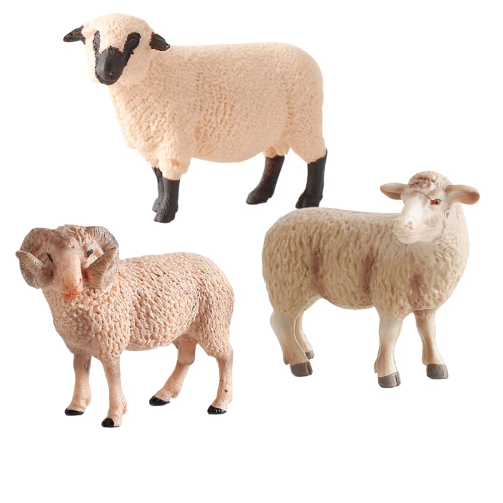 Conjunto de estatuetas de ovelhas realistas, 3 peças: PVC de carneiro, ovelha e cordeiro