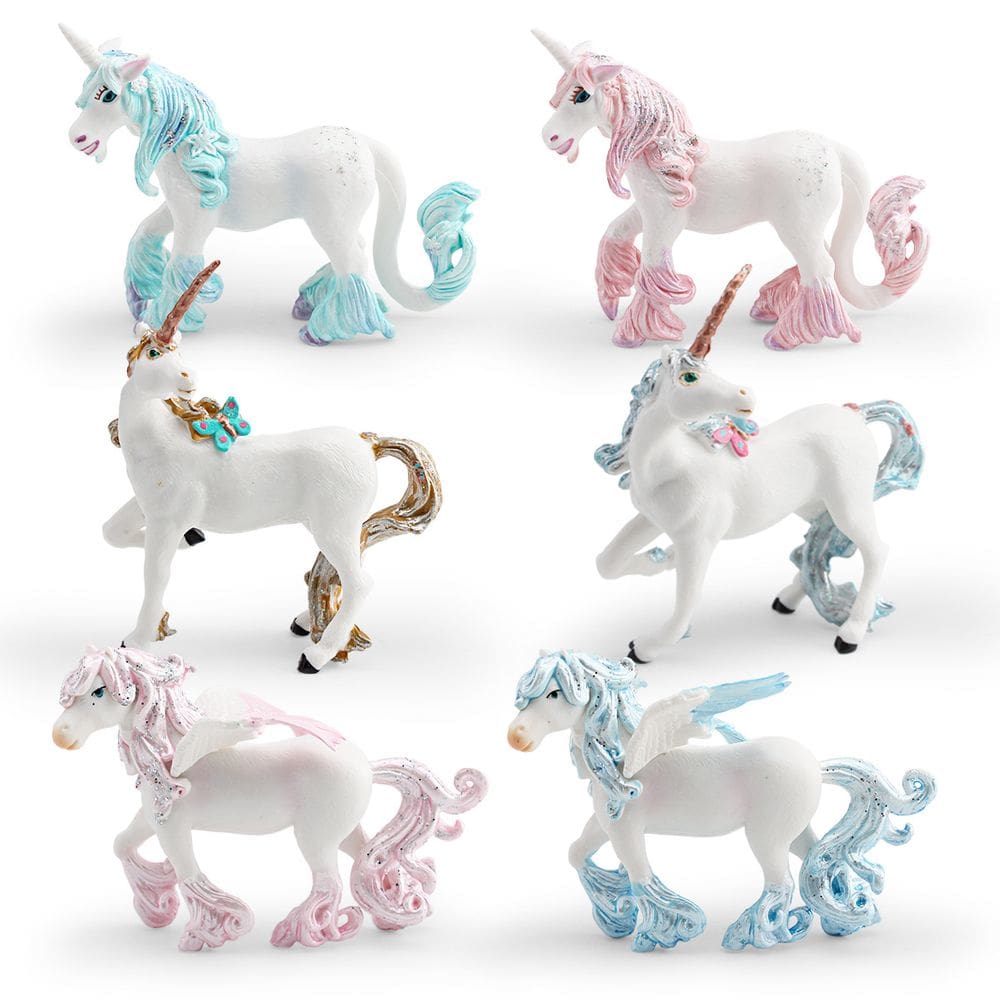Conjunto de estatuetas de unicórnio colorido, 6 peças de PVC para crianças e decoração