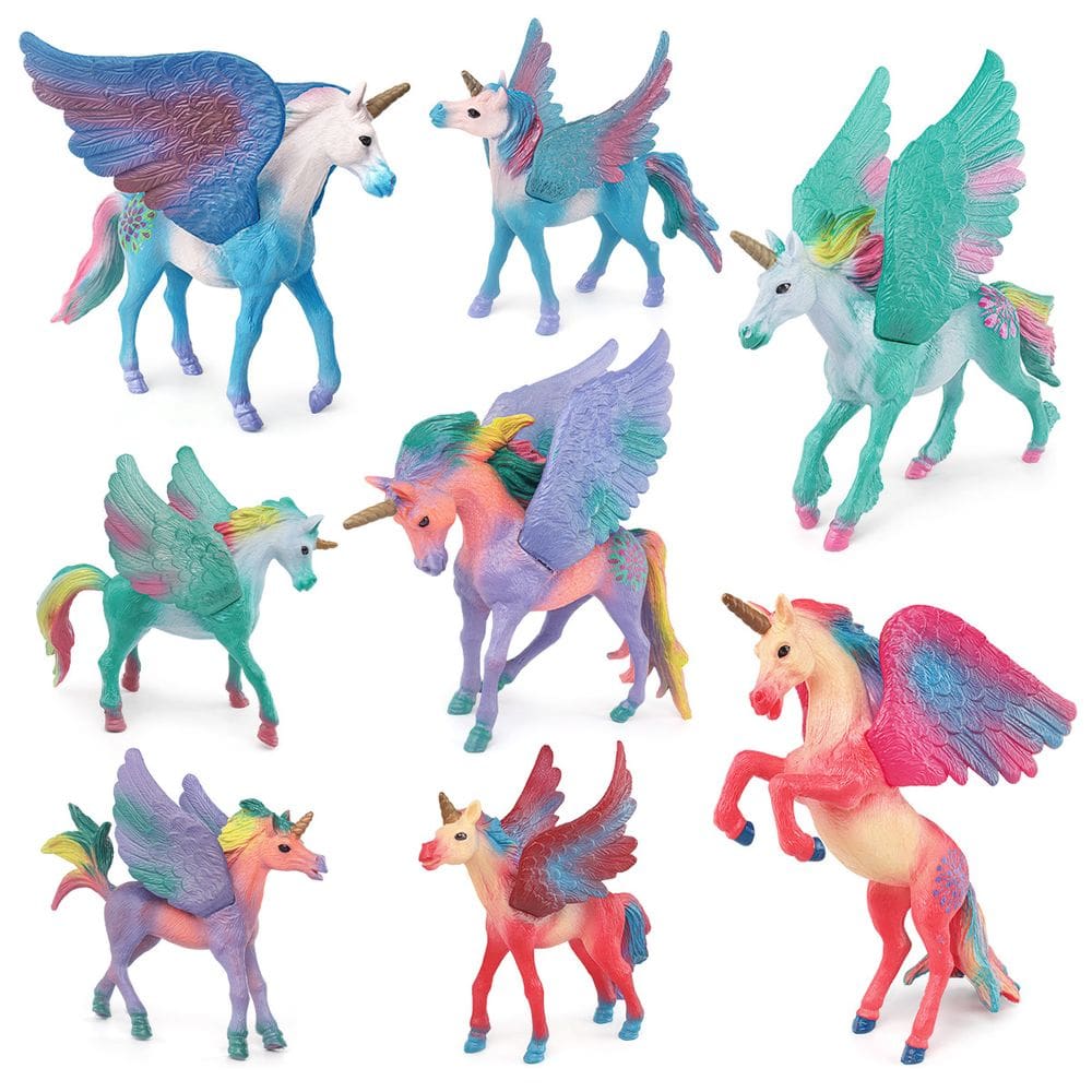 Conjunto de estatuetas Winged Unicorn, 8 peças, PVC, colorido, voador