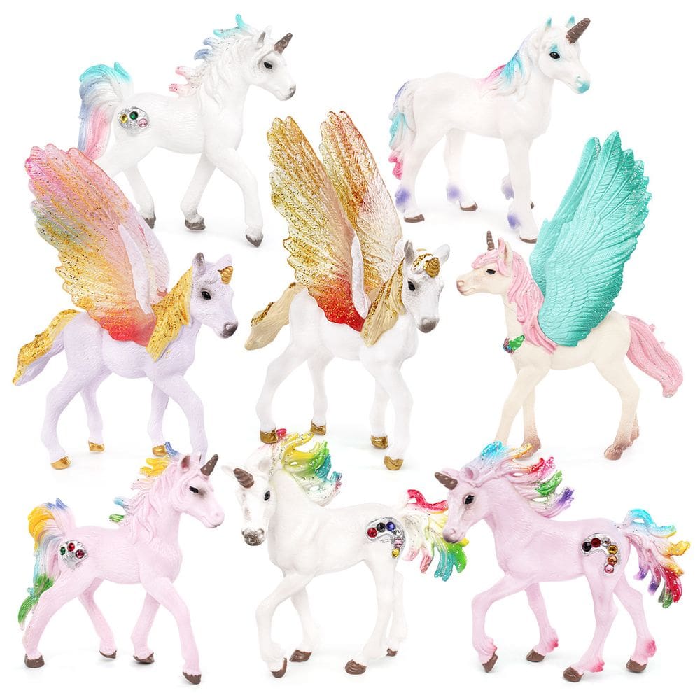 Conjunto de estatuetas Magical Unicorn, 8 peças de PVC com asas coloridas