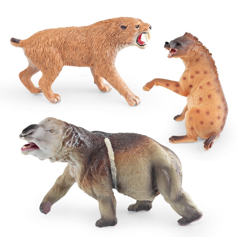 Conjunto de figuras de animais pré-históricos, 3 unidades: tigre dente-de-sabre, cão selvagem e Andrewsarchus