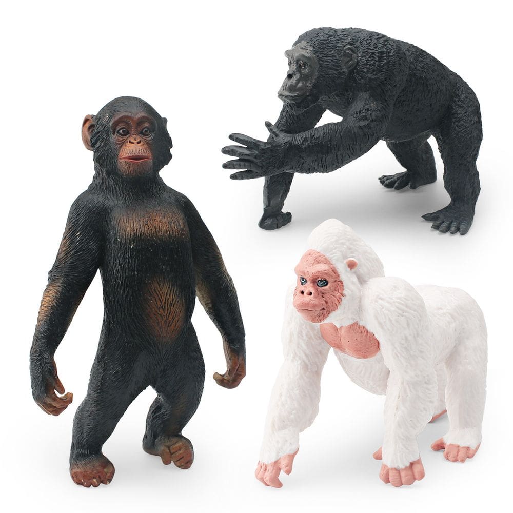 Conjunto de estatuetas Gorilla, 3 peças, PVC realista, preto selvagem, branco