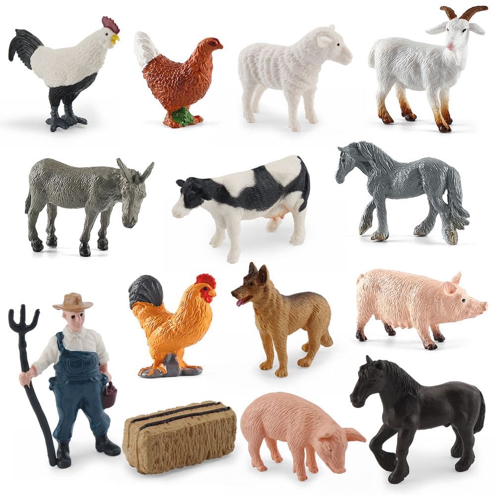 Mini conjunto de bonecos de animais de fazenda, 14 peças de PVC com brinquedo de fazendeiro para crianças