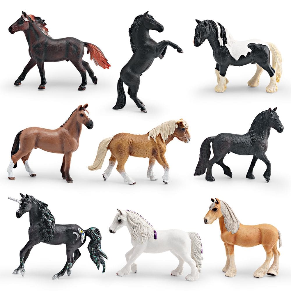 Conjunto de estatuetas Realistic Horse, 9 peças, PVC, Wild Friesian, Perú