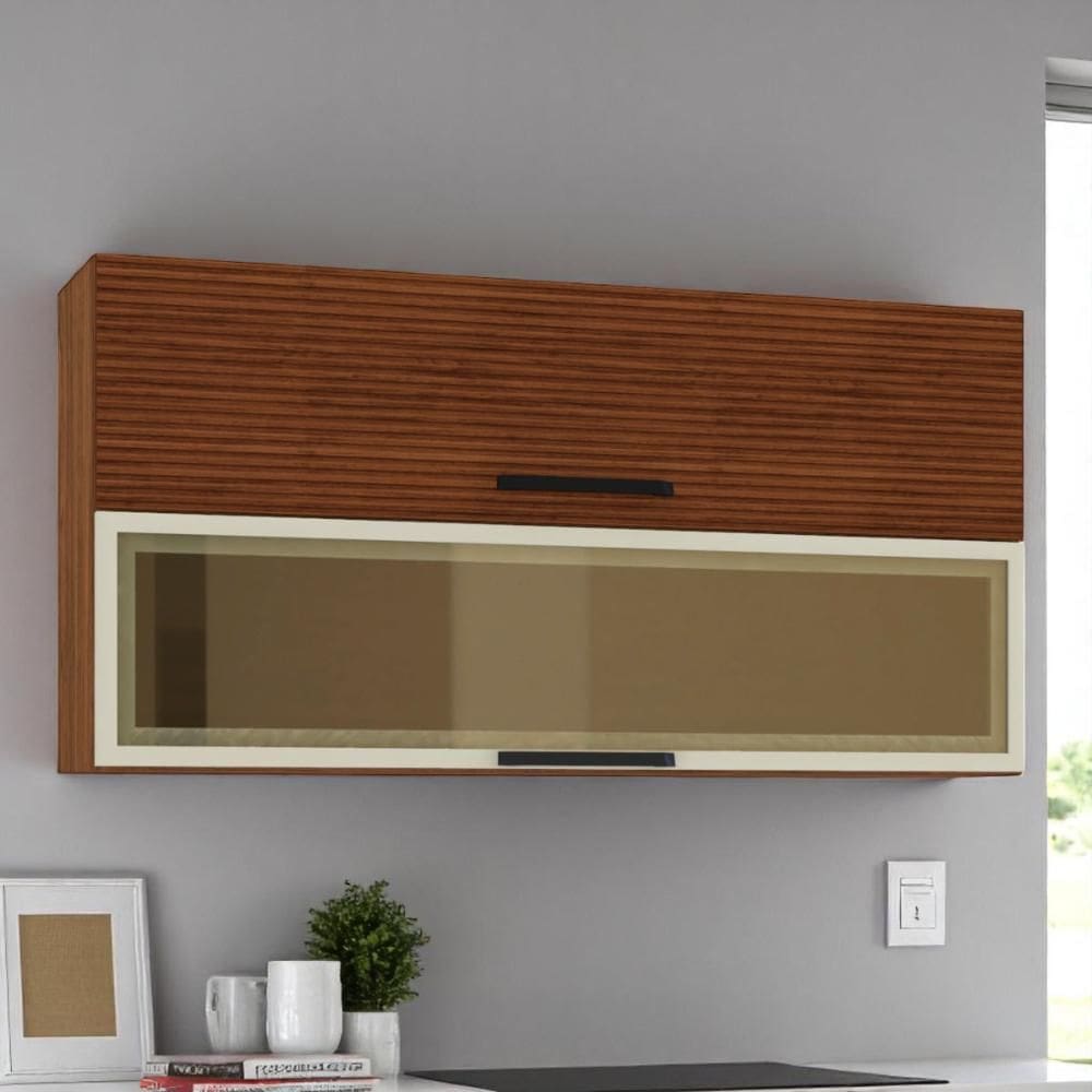 Armário 2 Basculante c/ vidro 120 cm Lapis Nogueira Ripado