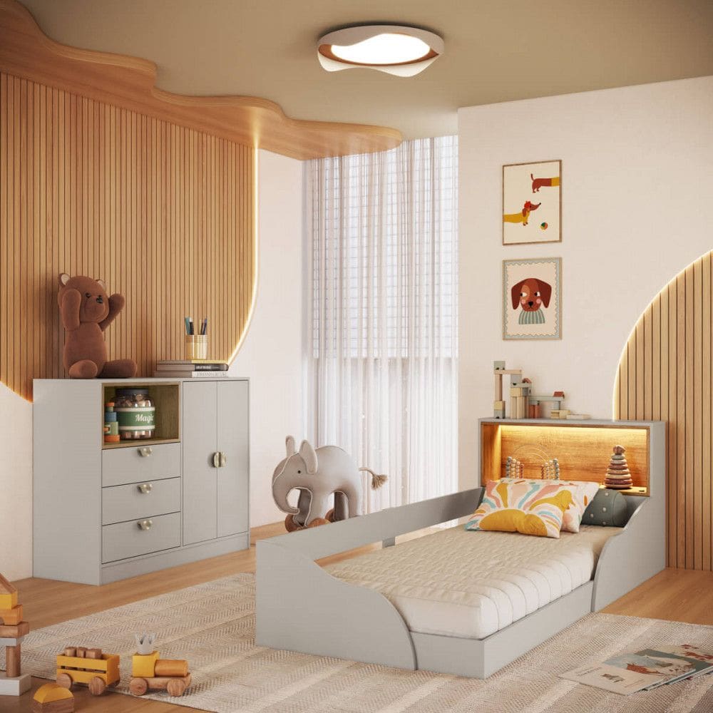 Quarto Infantil Cama Solteiro Montessoriana Led e C?moda 3 Gavetas CJ080 Lille