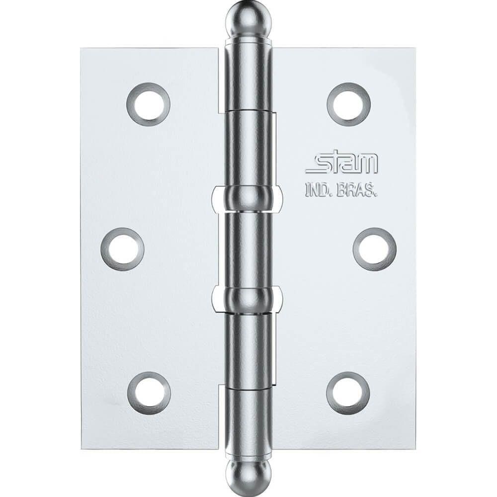 Dobradiça Pino E Bola 3” X 2.1-2” X 1,7mm Cromado Com 2 Anéis E Canto Reto - 42048 - Stam