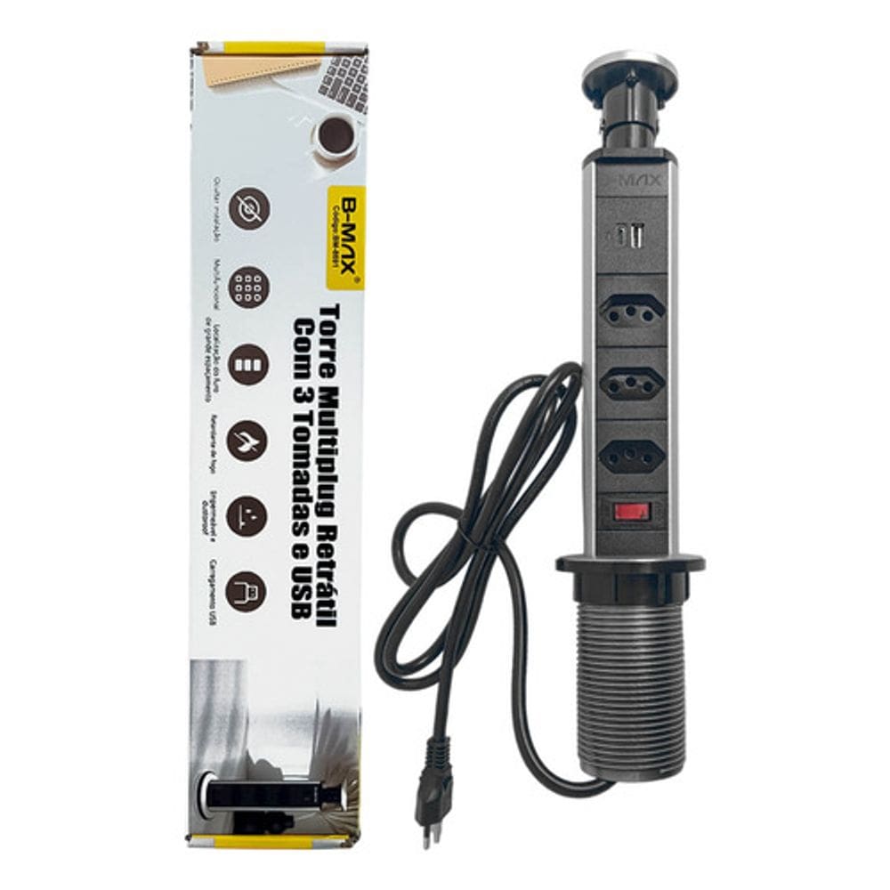 Torre De Tomada Multiplug Usb Retratil Tipo-c Embutir Mesa