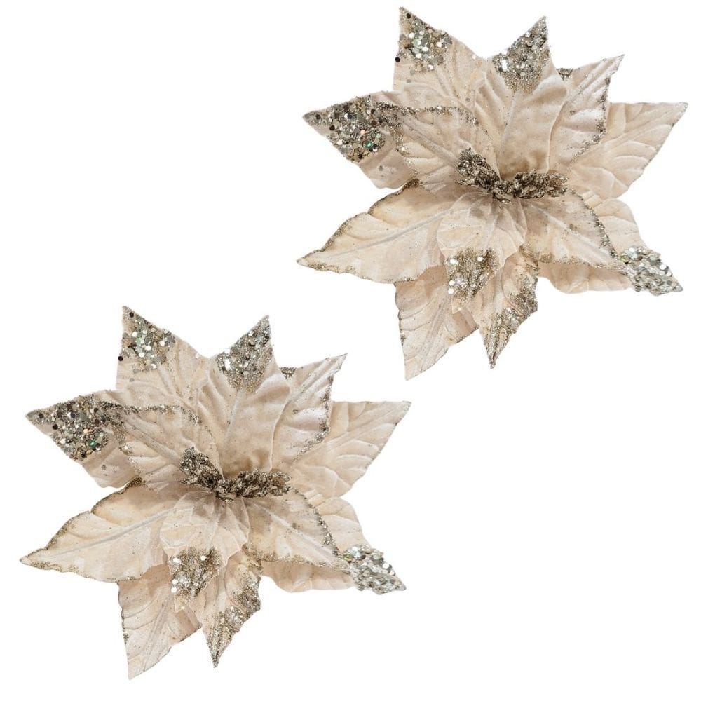 Kit 2 Flores Bico de Papagaio Natal Pick Veludo Champanhe Glitter e Lantejoulas Luxo 28cm