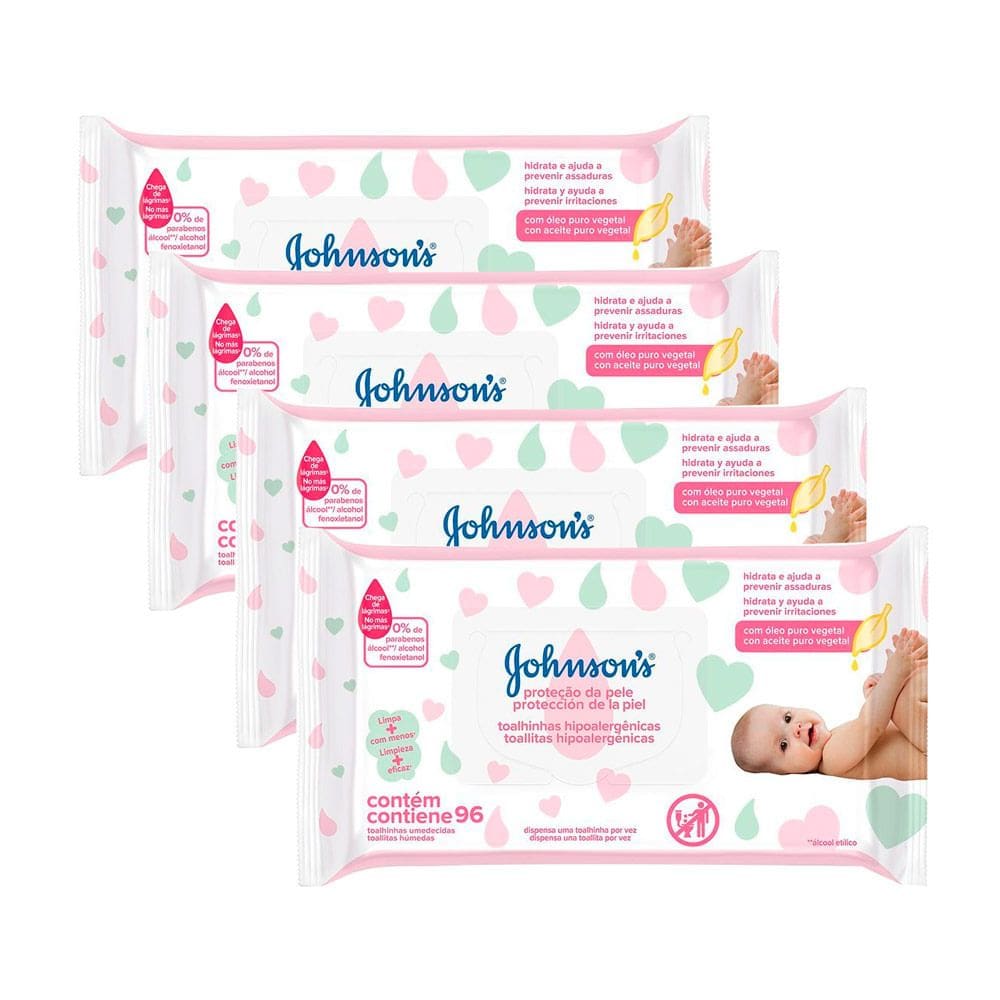 Kit 4 Lenços Umedecidos Johnson`s Baby Extra Cuidado 96 Unidades