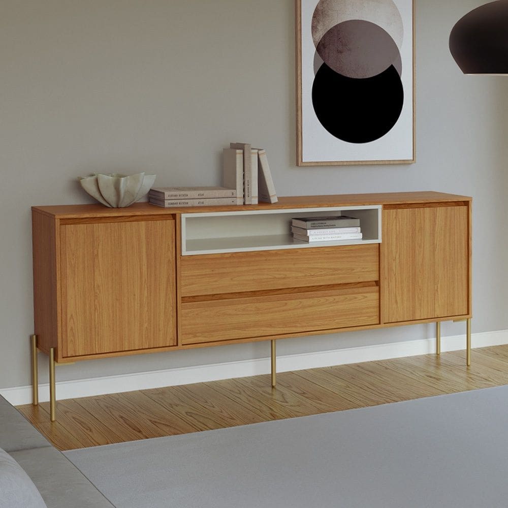Balcão Buffet 184cm TB403 com 2 Portas 2 Gavetas e 1 Nicho Freijó Off White Dalla Costa