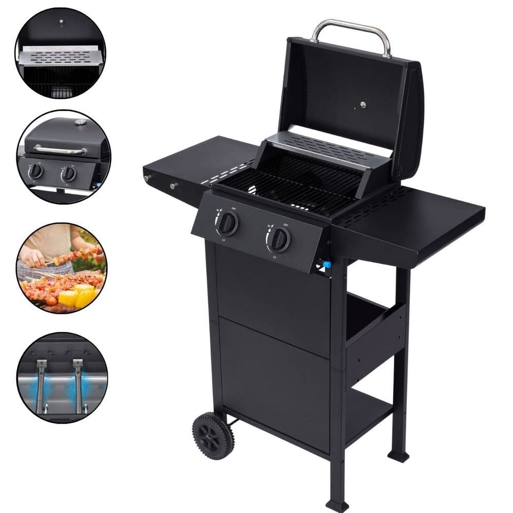Churrasqueira Americana Móvel a Gás 2 Queimadores e 2 Mesas Laterais Preta Importway Iwcg009