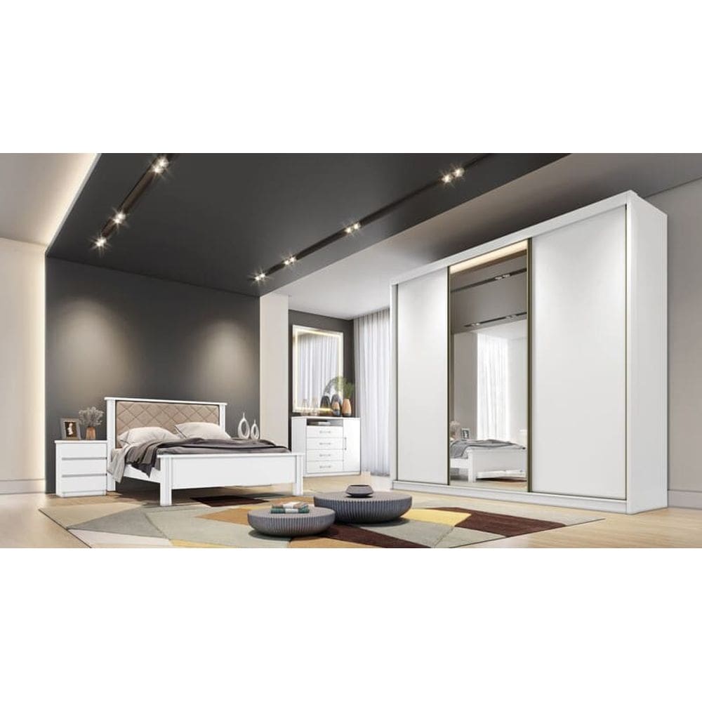Guarda Roupa Casal com 1 Porta Espelhada 8 Gavetas - Diamond-Branco - Móveis Novo Horizonte
