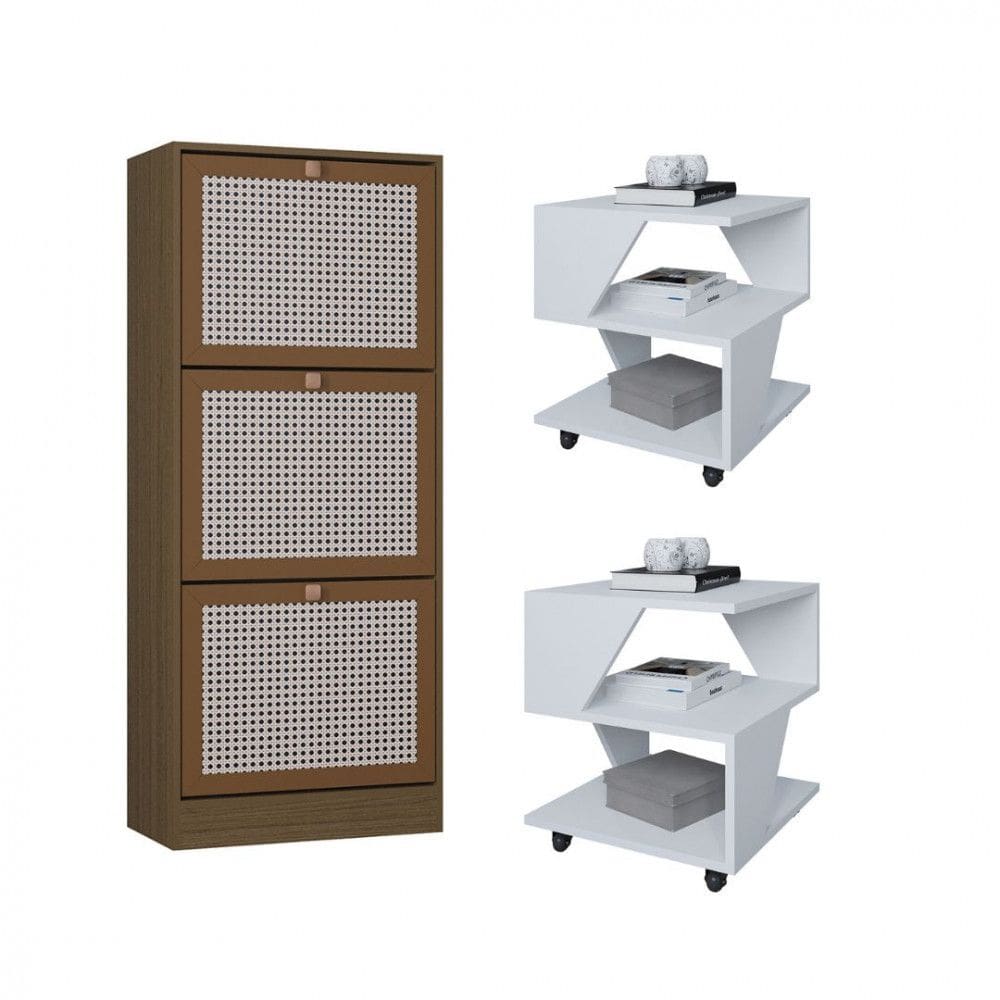 Kit Sapateira Spin Tropical 3 Portas e 2 Mesas de Cabeceira/Centro Poquema