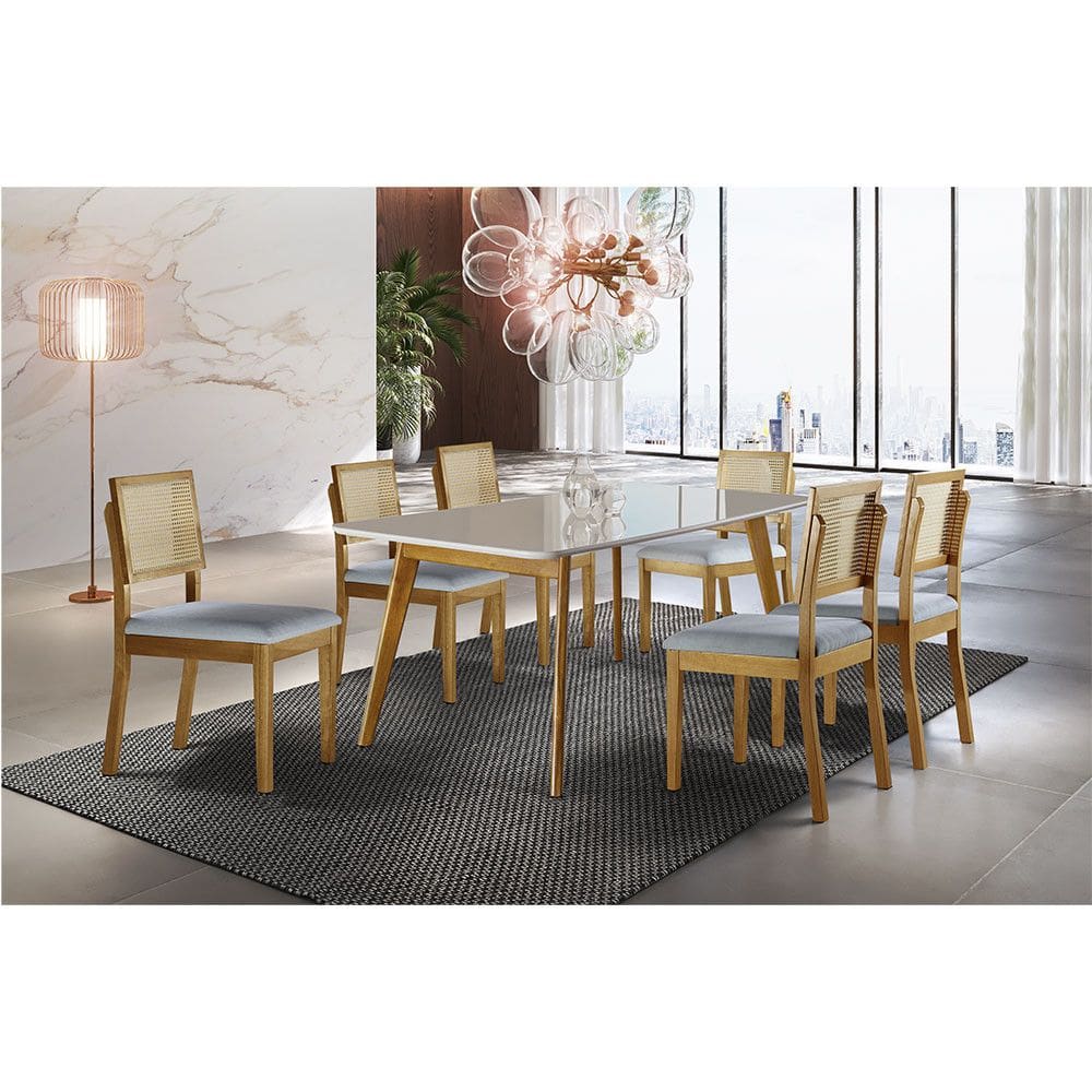 Conjunto Sala de Jantar Grécia com 6 Cadeiras em Madeira Maciça Encosto Telinha Rattan Móveis Mix