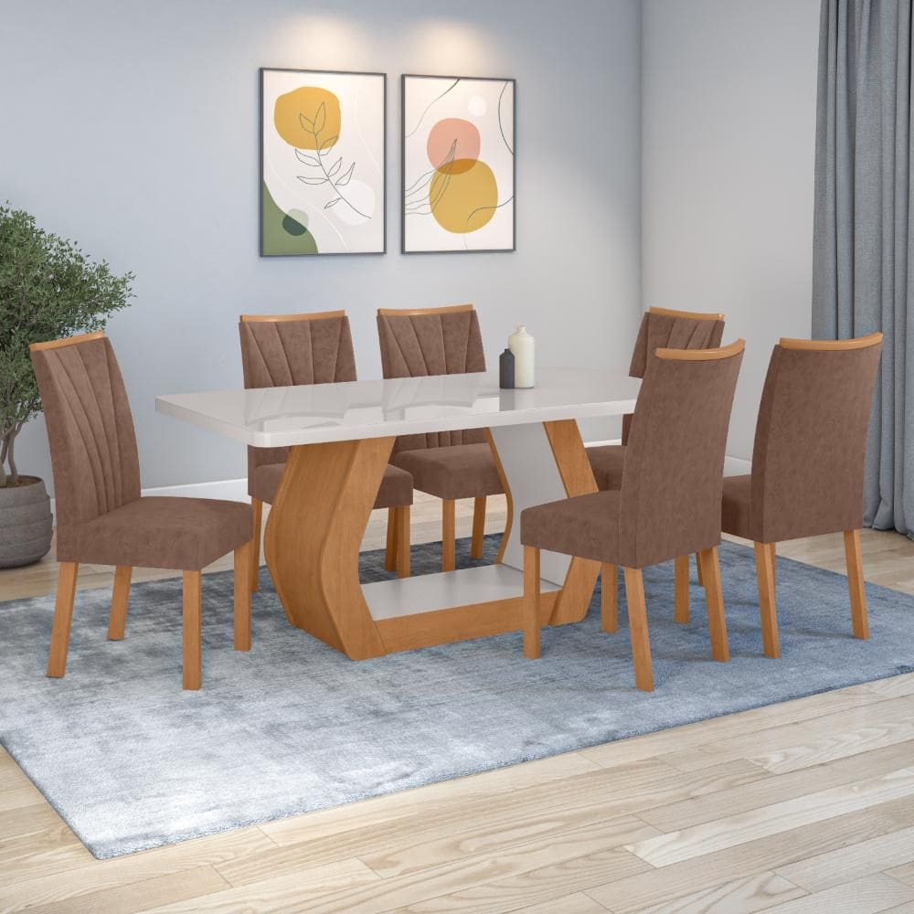 Conjunto Sala de Jantar Mesa Easy Tower 170x90cm MDF/Vidro com 6 Cadeiras Confort Couro Avelã Amendoa/off White