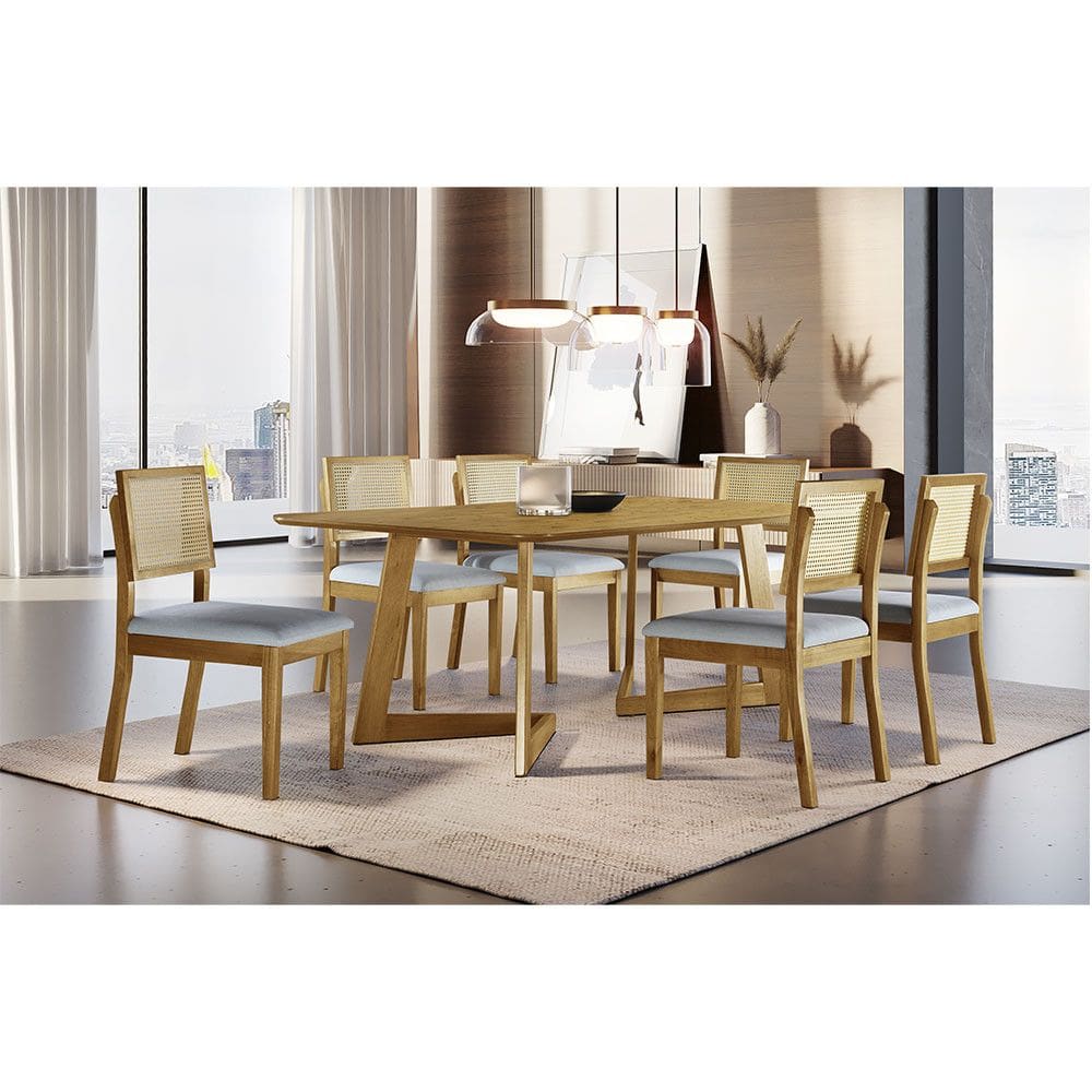 Conjunto Sala de Jantar 6 Lugares Karol Mesa e Cadeiras Madeira Maciça e Rattan Móveis Mix