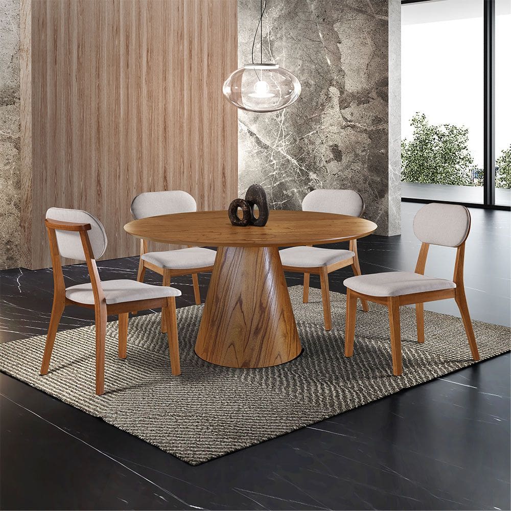 Conjunto Sala de Jantar 4 Lugares Carlo Mesa Redonda 1,2m e 4 Cadeiras Madeira Maciça Linho Cinza Prata Moveis Mix
