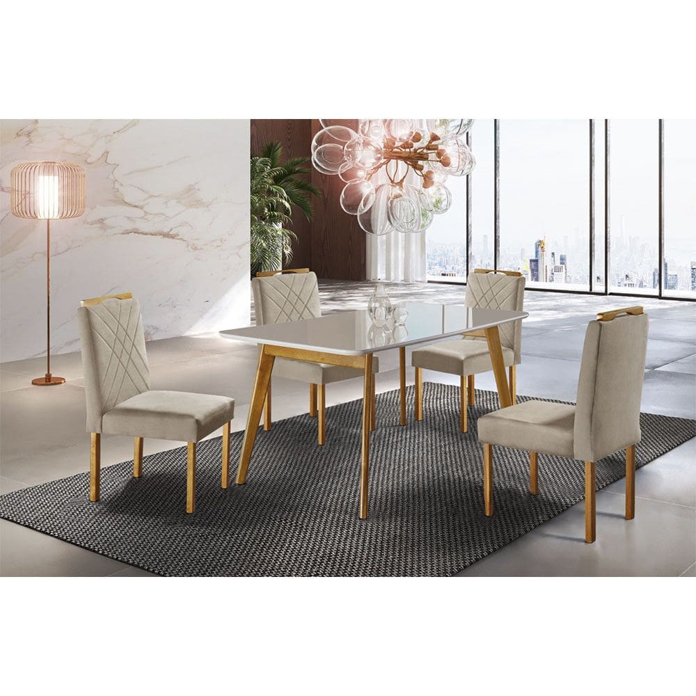 Conjunto Sala de Jantar 4 Lugares Slim Mesa e Cadeiras Madeira Maciça Veludo Bege