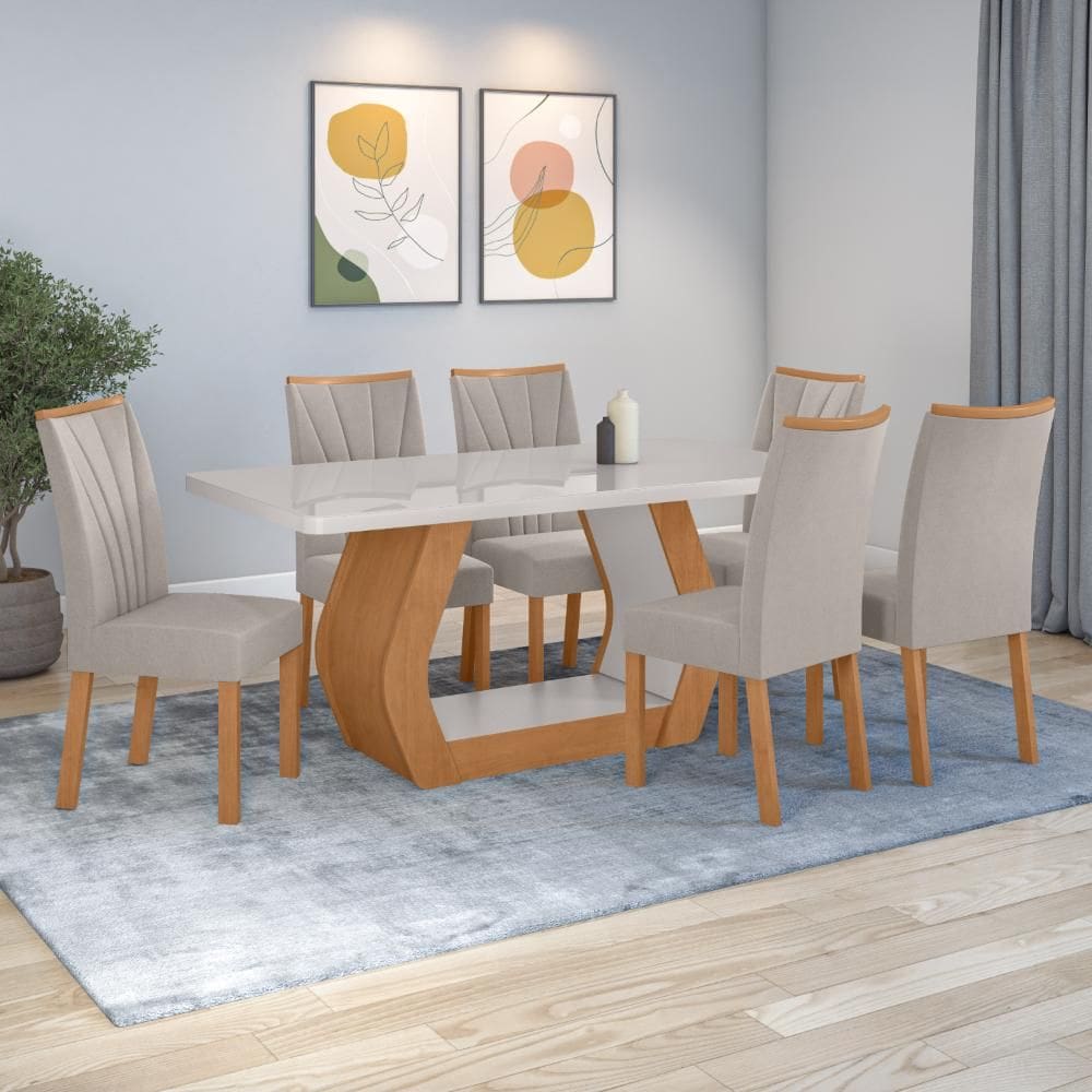 Conjunto Sala de Jantar Mesa Easy Tower 170x90cm MDF/Vidro com 6 Cadeiras Confort Veludo Amendoa/off White