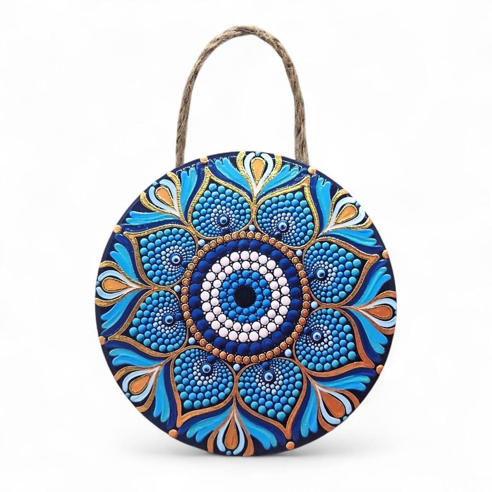 Enfeite de Parede Olho Grego Mandala Azul em Dourado 22 cm