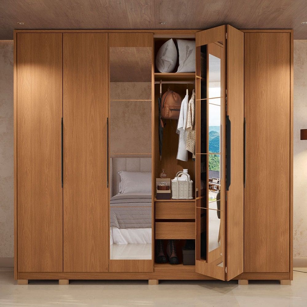 Guarda-Roupa Casal Vernet 6 Portas 4 Gavetas com Espelho Canela - Kappesberg