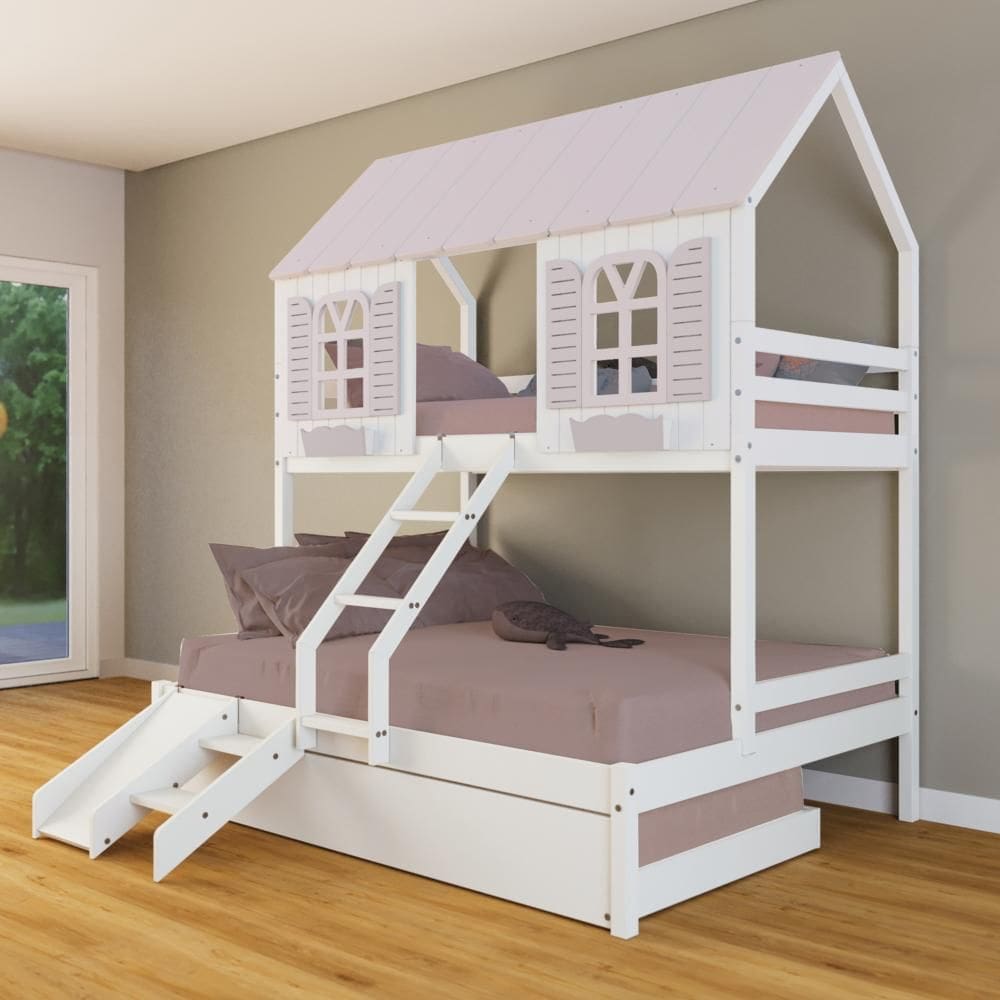 Treliche Casal/ Solteiro Casinha Bela com Kit Escada/Escorregador - Madeira Maciça Branco/Rosa | Housin