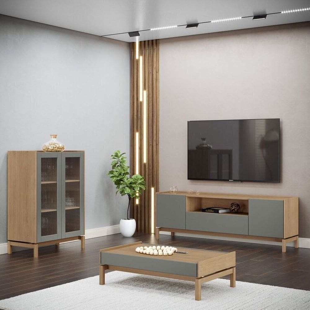 Conjunto Barcelona com Cristaleira em Madeira Maciça, Rack e Mesa de Centro Oak/Ferrolack