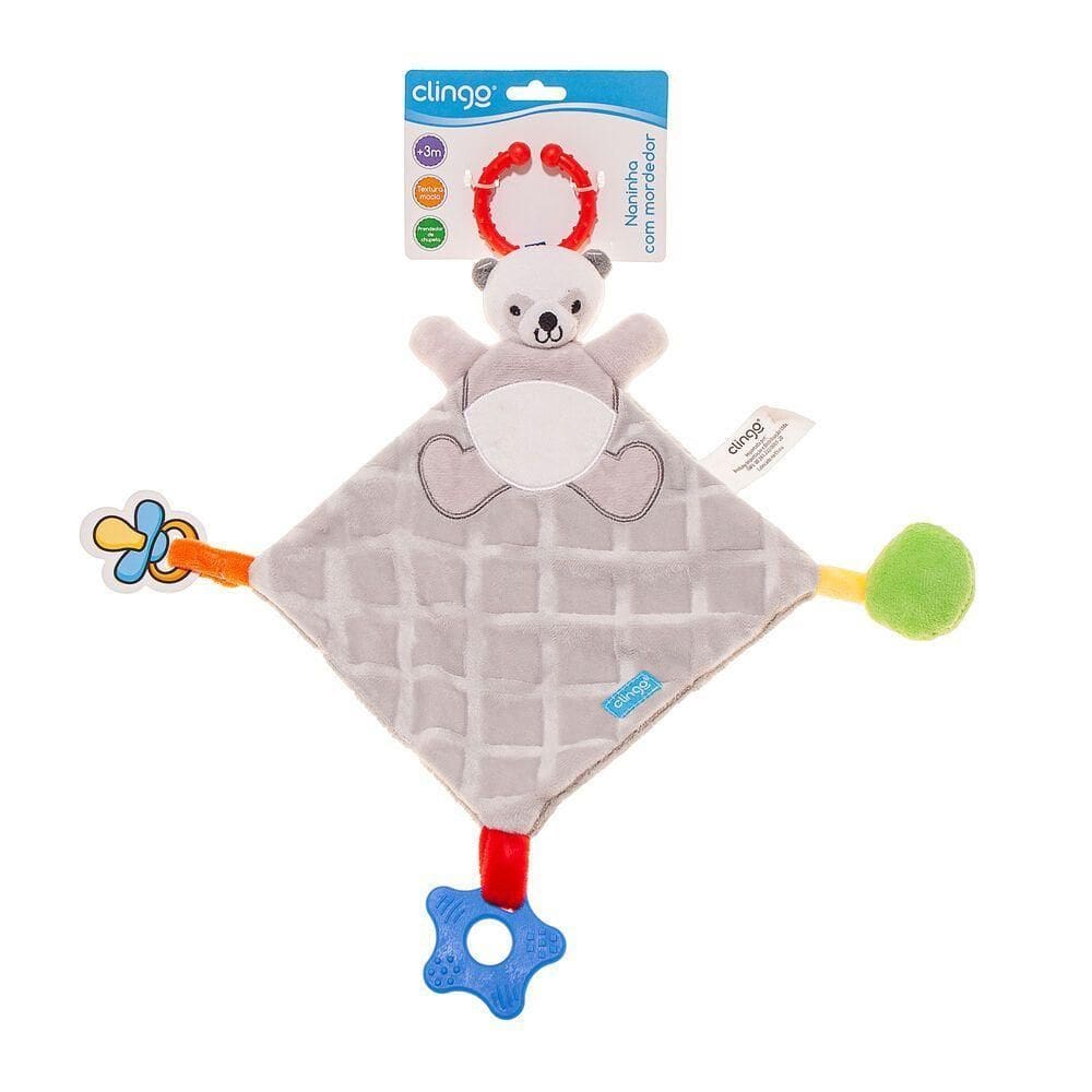Naninha Panda Cinza Com Mordedor E Porta-chupeta - Conforto E Diversão Para Bebês